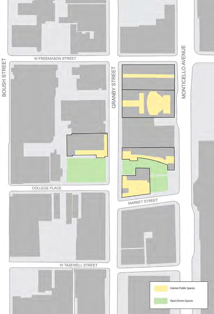 ANALYSIS: PUBLIC AND PRIVATE SPACE Given the campus location in a shared urban environment and the vertical nature of most TCC buildings, the arrangement of public, semi-private and private space is