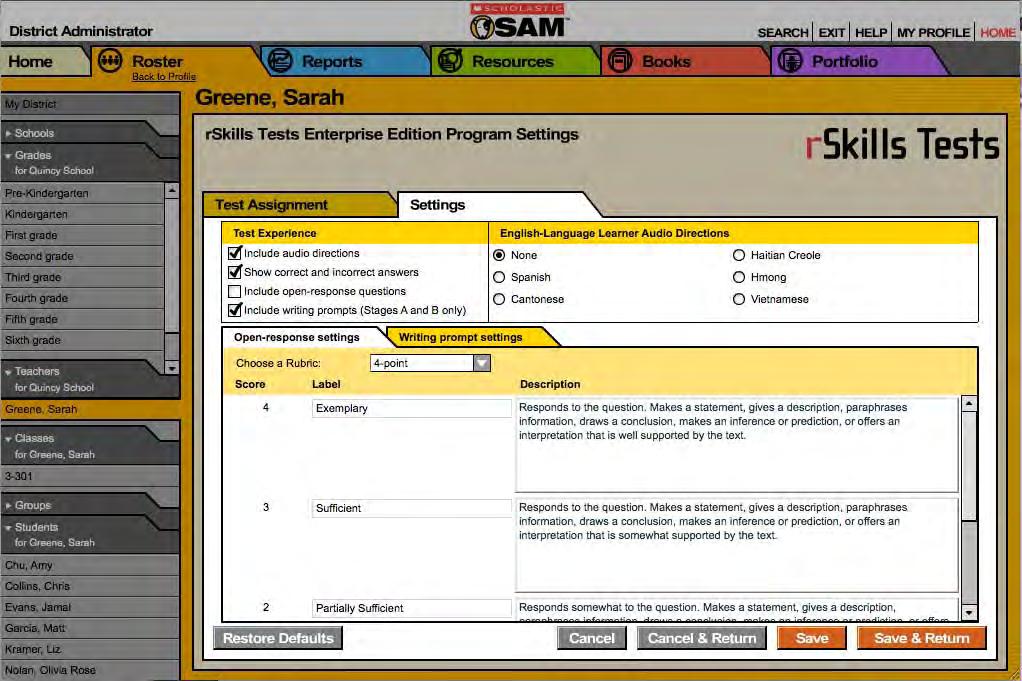 The Settings Tab Use the Settings tab in the rskills Tests Program Settings to individualize each student s test-taking experience.