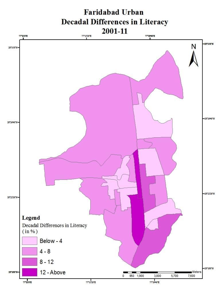 Fig.4 Male-Female literacy rate In 2001, highest literacy rate of 82.85 percent was in ward 19 and it was lie in eastern part of urban area. Ward 9 had the lowest male literacy rate of 59.06 percent.