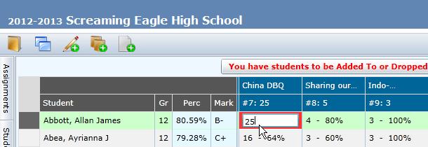 Click the mouse in the Assignment Score field for the student selected and enter a score. All changes to the page will be updated immediately.