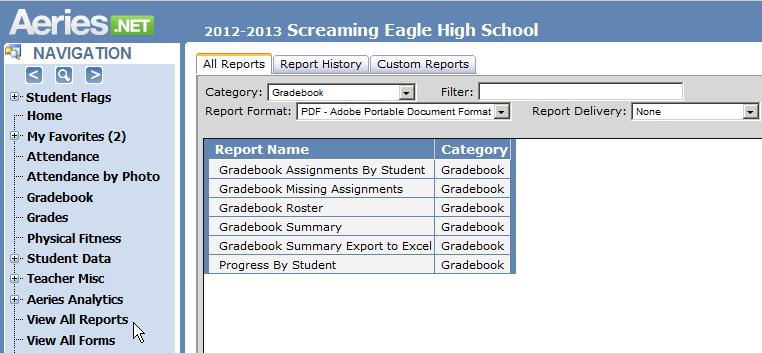 GRADEBOOK REPORTS To access Gradebook Reports, click the mouse on the View All Reports node on the Navigation tree. From the All Reports Category dropdown, select Gradebook.