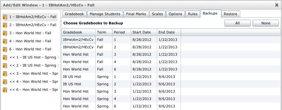 To create a backup of your gradebooks, click the mouse on the Backups tab.