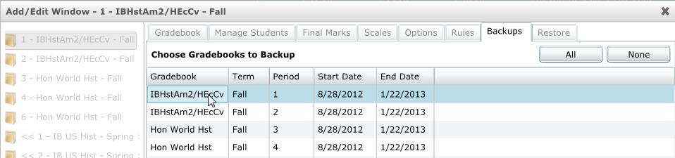 You can also select a single gradebook to backup by clicking your mouse on the gradebook.