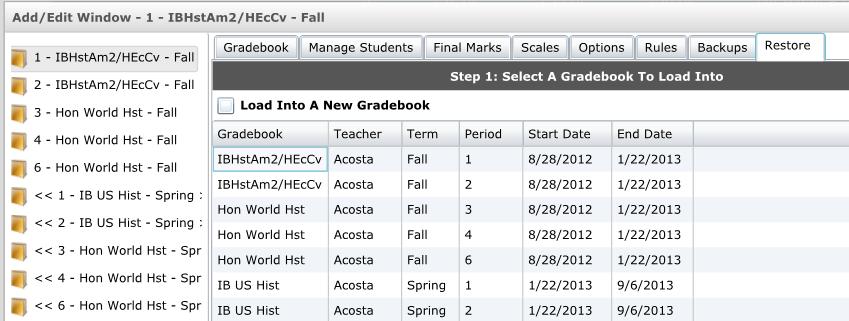The following page will display and will show all of the teachers currently backed up gradebooks.