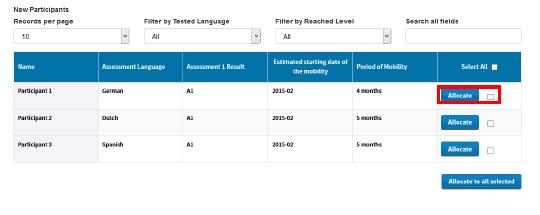 Beneficiaries allocating course licences Select allocate next to candidate Allocate to
