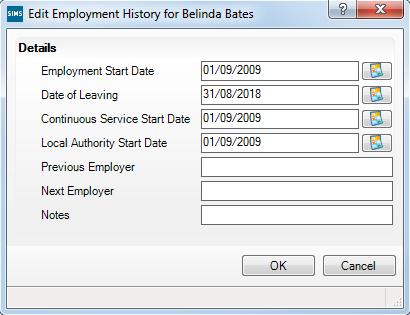 4. In the Employment Dates table, highlight the required record then click the Open button to display the