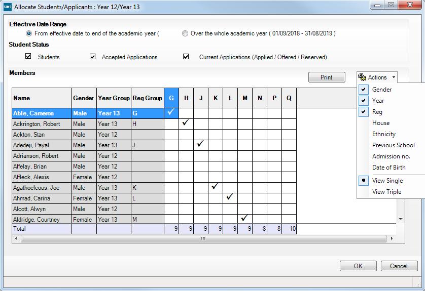 Additional columns (House, Ethnicity, Previous School, Admission no. and Date of Birth) can also be displayed on the grid by selecting the appropriate option from the Actions drop-down menu.