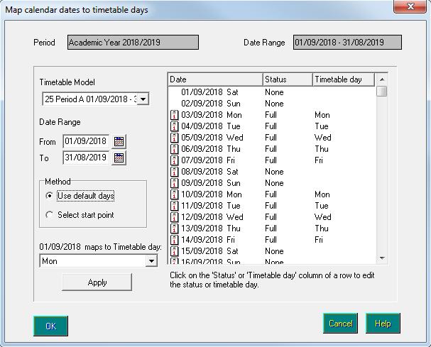 Within the specified date range, the system identifies the first date that does not have a status of None and is displayed in the bottom left-hand corner of the dialog.