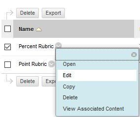 Step 2 From the Rubrics page, locate the Rubric you want to edit. Use the Options arrow that follows the Rubric s title and select Edit from the Options menu.