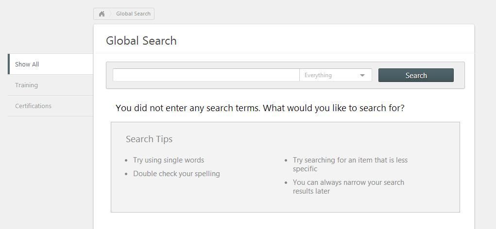 If the student knows part of the title for a training item, by entering one or more terms, the Search page