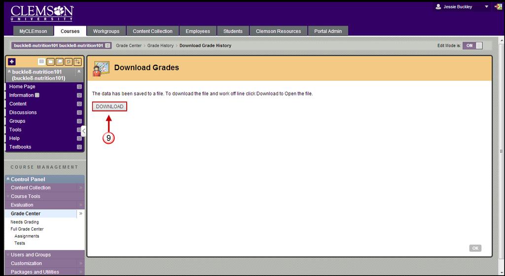 7. Then click Submit. 8. The Download Grades page is displayed. 9. Click DOWNLOAD. 10. The File Download pop-up is displayed.