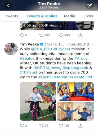 part in the challenge. The Triathon Challenge was mentioned in a tweets by Tim Peake, and also by the Triathlon Trust! Well done to all involved.