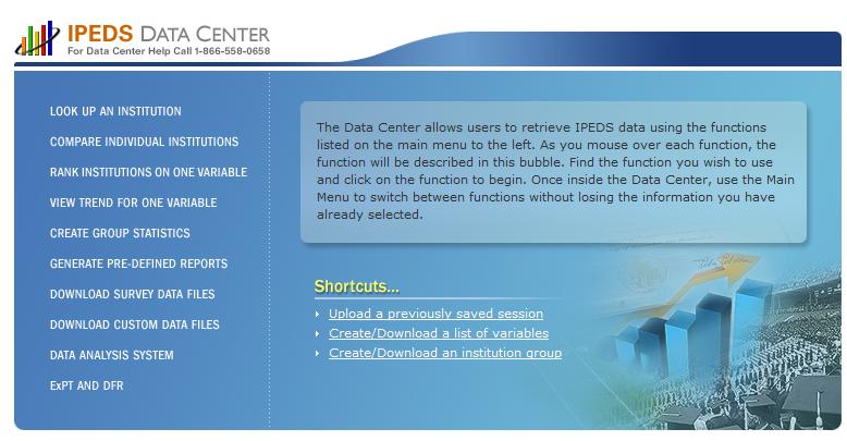 IPEDS DATA CENTER The IPEDS Data Center is the place to go to get IPEDS Data. A table that explains how to use the Data Center functions follows.
