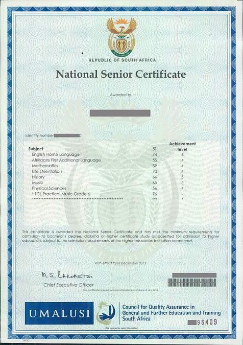 South Africa National Senior Certificate (NSC) Also called the Matric(ulation) Exam South African secondary leaving credential since 2008