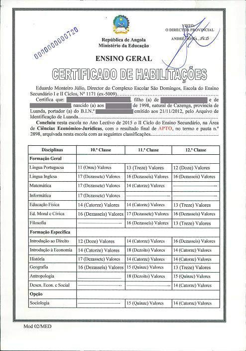 Angola Leaving Credential: Certificado de Habilitações for II Ciclo do Ensino Secundário - Issued by individual
