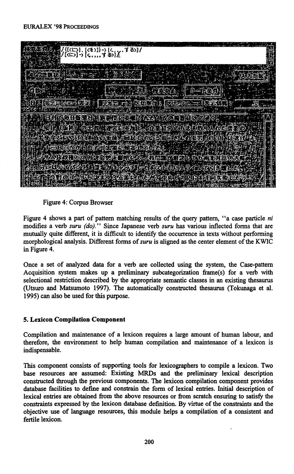 EURALEX '98 PROCEEDINGS Figure 4: Corpus Browser Figure 4 shows a part of pattern matching results of the query pattern, "a case particle ni modifies a verb suru (do).