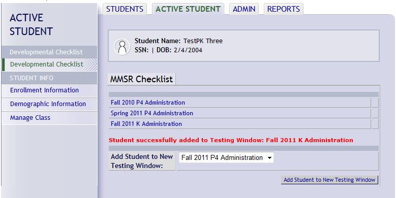 5. After clicking OK, the link to the new testing window and a confirmation that the student was successfully added to the window will appear.