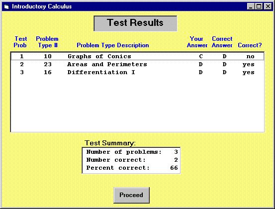 Test Mode (continued) After completing the test, the program will show you the results in two separate screens. First, you will see your performance on each of the test problems, as shown below.