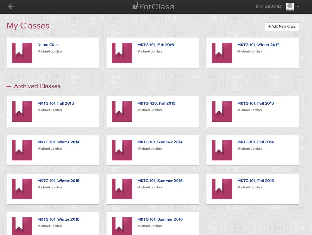 When closing the Archived Classes panel, you get a clean home page with the current classes: Note: