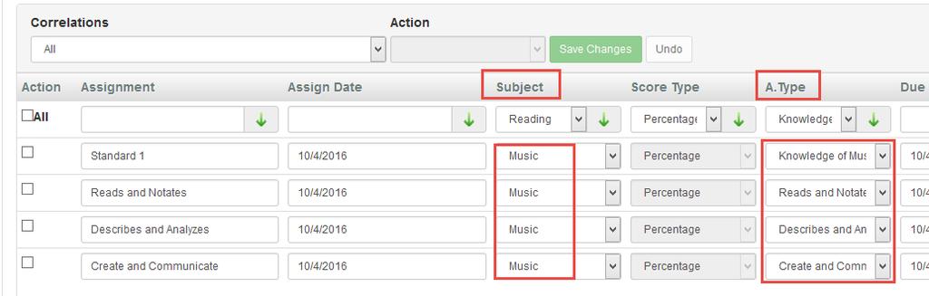 2) Review the Subject column for each assignment. The Subject for every assignment should match the class, in this example Music.