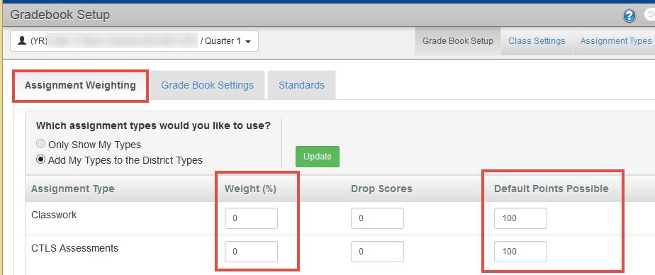 OR, Assignment Type Weights can be left at 0% and all assignments will receive an equal amount of weight and average together.