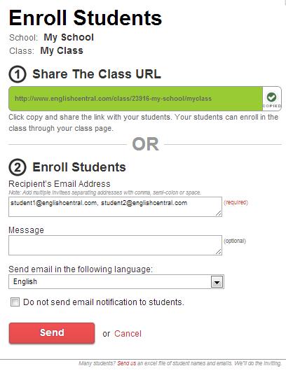 The most important thing to know about enrollment is that students should enroll on the class page. Each class page has a unique URL which teachers share with students. http://www.englishcentral.