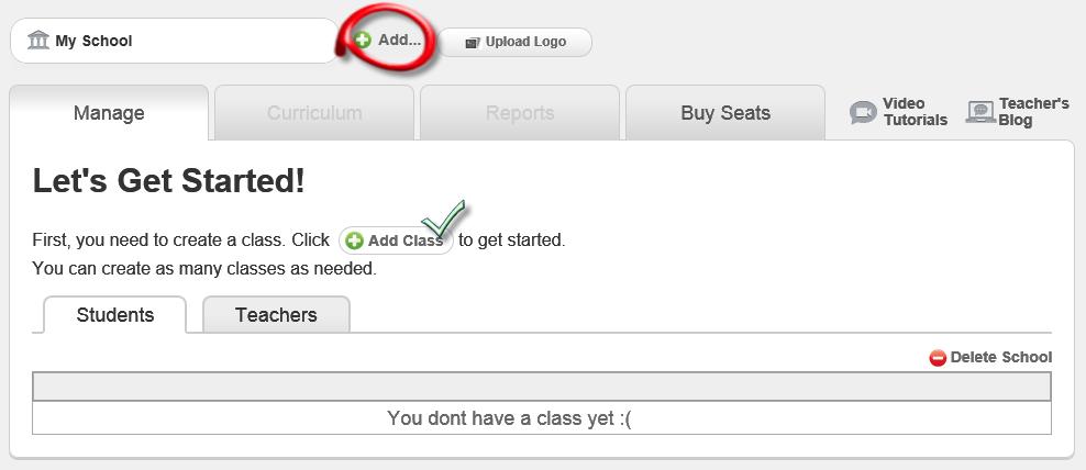 The first thing that teachers have to do after registration is create a class. Select the + Add button and add a class.