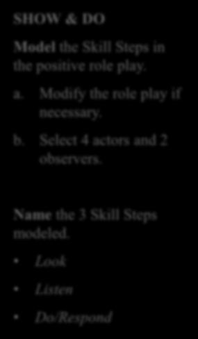 LESSON 1 SHOW & DO Model the Skill Steps in the positive role play. a. Modify the role play if necessary. b. Select 4 actors and 2 observers. Name the 3 Skill Steps modeled.