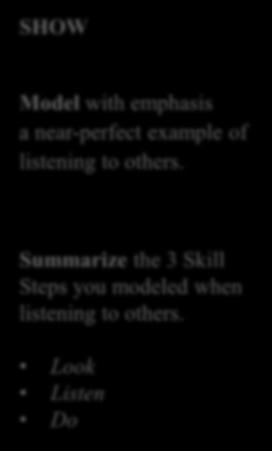LESSON 2 SHOW Model with emphasis a near-perfect example of listening to others. Summarize the 3 Skill Steps you modeled when listening to others.