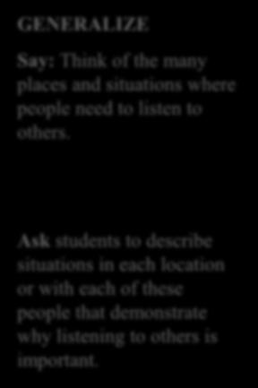 LESSON 3 GENERALIZE Say: Think of the many places and situations where people need to listen to others.