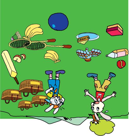 Kichu Rabbit and Michu Rabbit are on a picnic. It is late and now they are going back home. All the items they have brought are scattered.