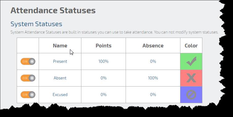 ATTENDANCE STATUSES By default there are three statuses to choose from as shown in this image: Present, Absent, Excused CUSTOM COURSE STATUS Click the Add Status button to add another status ( Late