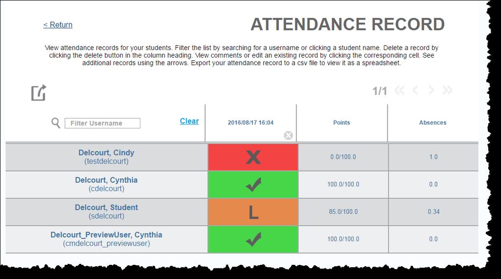 Attendance at the bottom of the page Submission confirmed Click Attendance Record to view attendance taken (running record) This Attendance Record page is where you see the status icons.
