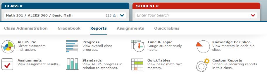 ALEKS REPORTS ALEKS offers a variety of automated reports that provide you with detailed information on student usage and learning.