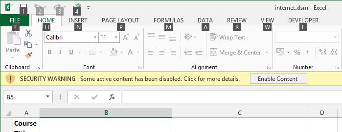 Allowing Macros/Active Content When you first open a copy of the template file you may receive a warning about enabling macros or active content.