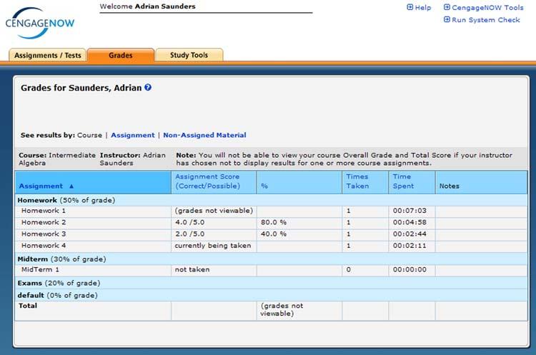Navigating Through a Personalized Study Assignment TRACKING YOUR GRADES Your grades are synchronized between CengageNOW and WebCT Vista.