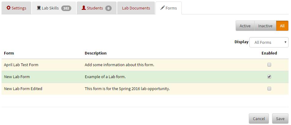 While they will show up for students documenting an attempt on that skill, they will not display here under Lab Documents. This tab is for any documents you would like associated with the lab session.
