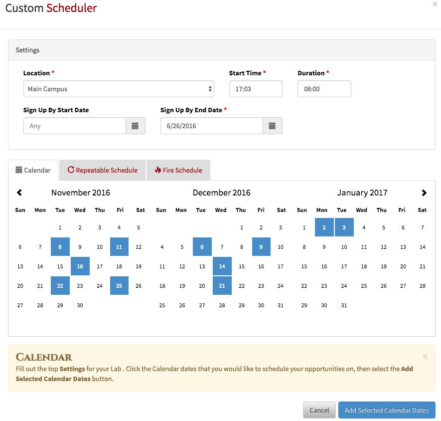 Click the Add Selected Calendar Dates to save the lab dates.