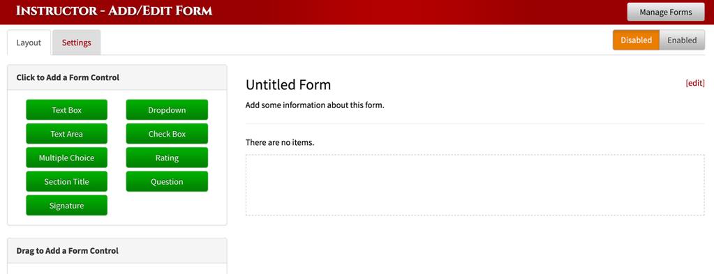 To add a new form, click the + Add New Form button on the top right of the page. Here you will create your new form. The first step is to give your form a title, description and type.