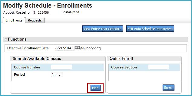 On the Start Page search for and select the student to enroll in a class by entering the student s