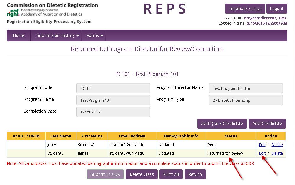 Click Select on a returned class to view details about the students being denied or returned for corrections.