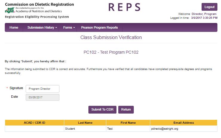 When submitting a class to CDR, you will be required to enter your name as a digital signature.