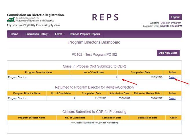 Click Select on a returned class to view details about the students being denied or returned for corrections.