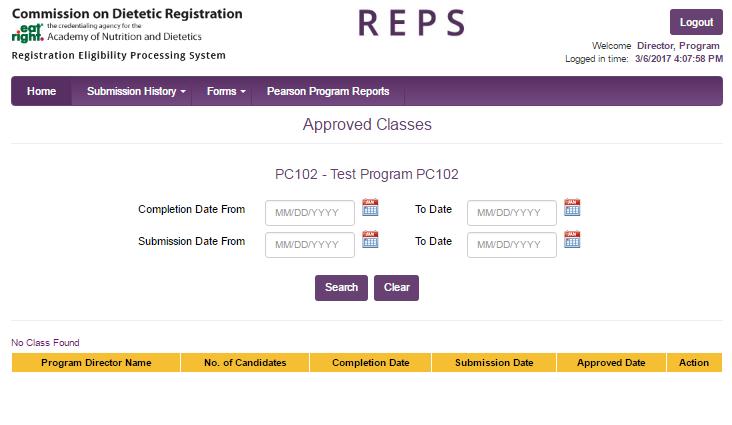 Approved Classes REPS also includes options to review classes approved by CDR either by you or previous