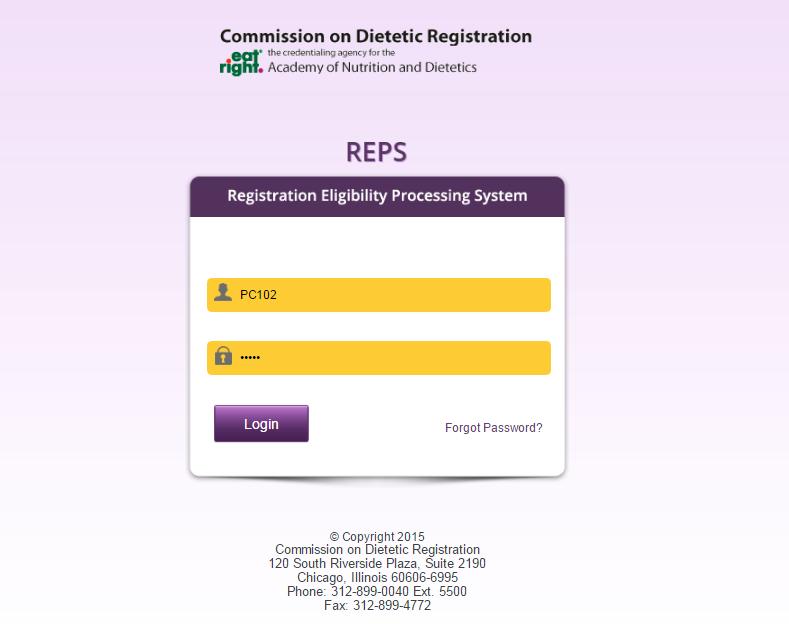 Login Screen To access REPS, you will log in to REPS at https://reps.cdrnet.org. Your username, password and access code remain the same as those which you were previously assigned in CRMS.