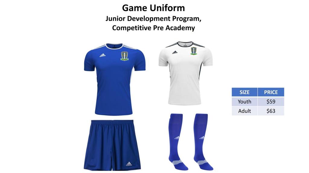 Pre Academy: Uniforms for the Competitive Pre Academy Program must be purchased online - royal blue shorts and royal blue socks can be worn as part of practice attire.