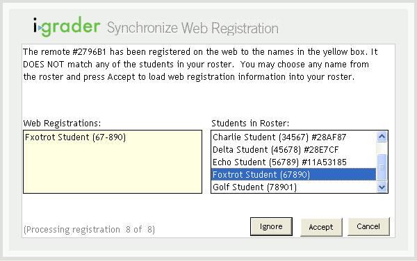 Example 1: In the screen below, a student tried to register his i-clicker online (remote ID 2796B1) with a student ID (67-890) which was not in your Roster.txt file.