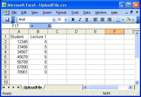 The default UploadFile.csv file will include student IDs and scores for your selected session. Below is a sample file, opened with Microsoft Excel.