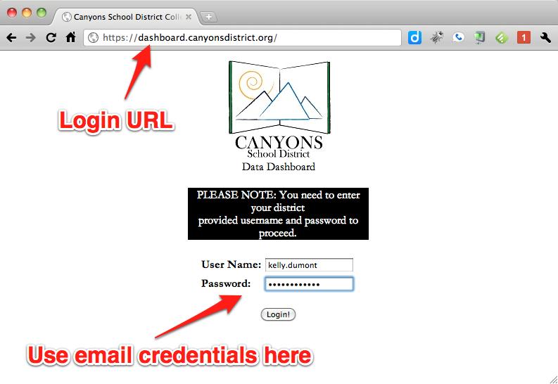 Entering the Data Dashboard In your chosen browser, please visit http://dashboard.canyonsdistrict.org/. Use your email credentials to log in to the dashboard.