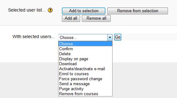 Next in the dropdown menu at the bottom of the page select Enroll into courses and click the Go button the Bulk user enrollment screen appears Use